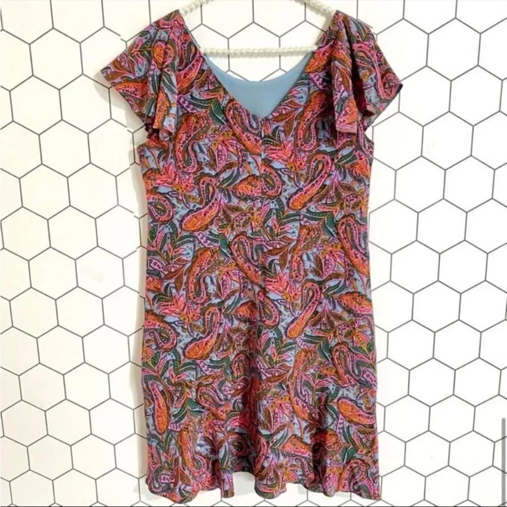 J. Crew Paisley Print Neon Silk Ruffle Hem Flutter Sleeve Dress SIZE 6